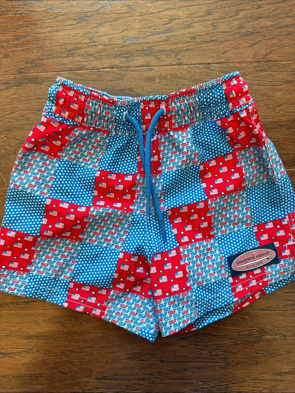 Vineyard Vines Kids Red and Blue Patchwork Swim Shorts